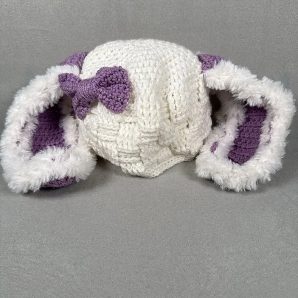 Girls Handmade Bunny Ears Hat With Bow Crocheted WHITE PURPLE
